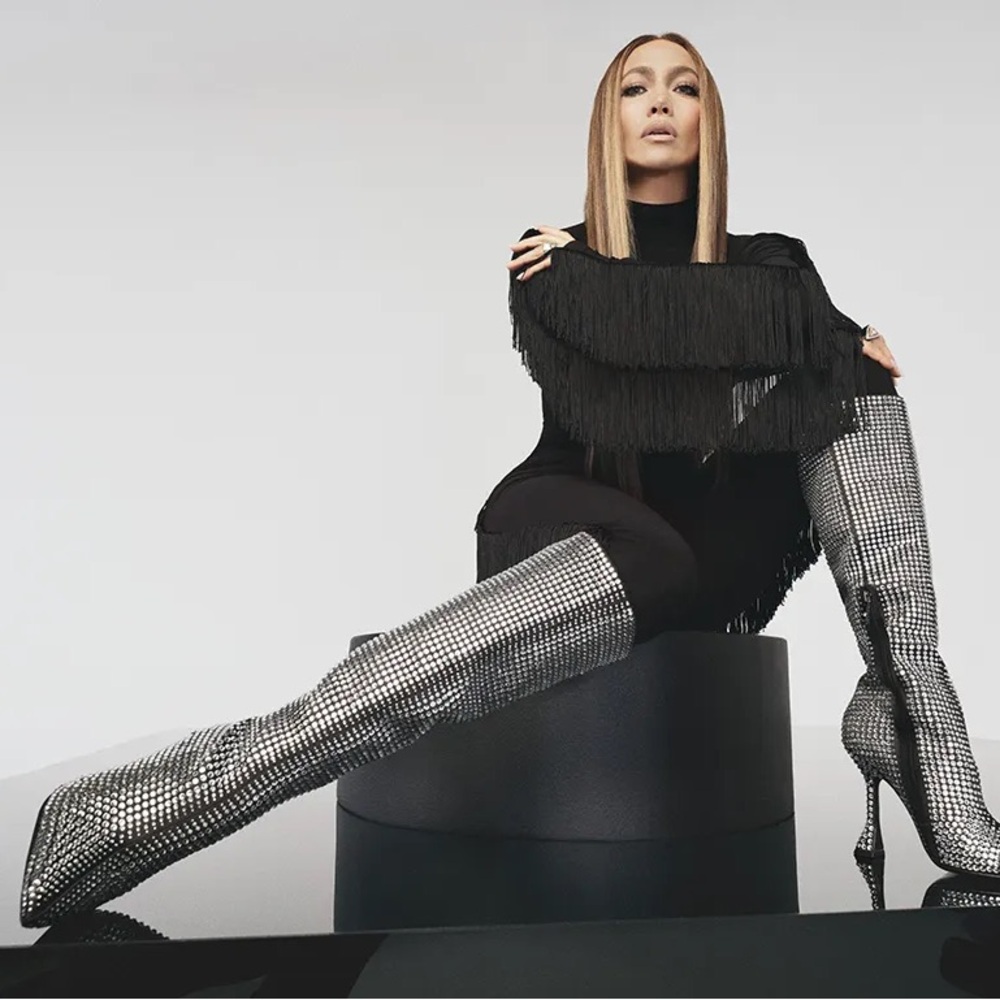 JLO Jennifer Lopez x REVOLVE Calle Boot in Black Silver Rhinestone